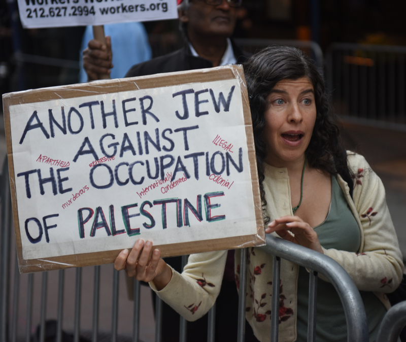 Liberal American Jewish woman protests Israel with sign