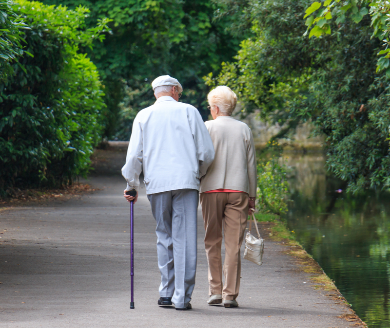 elderly couple walking in a park,