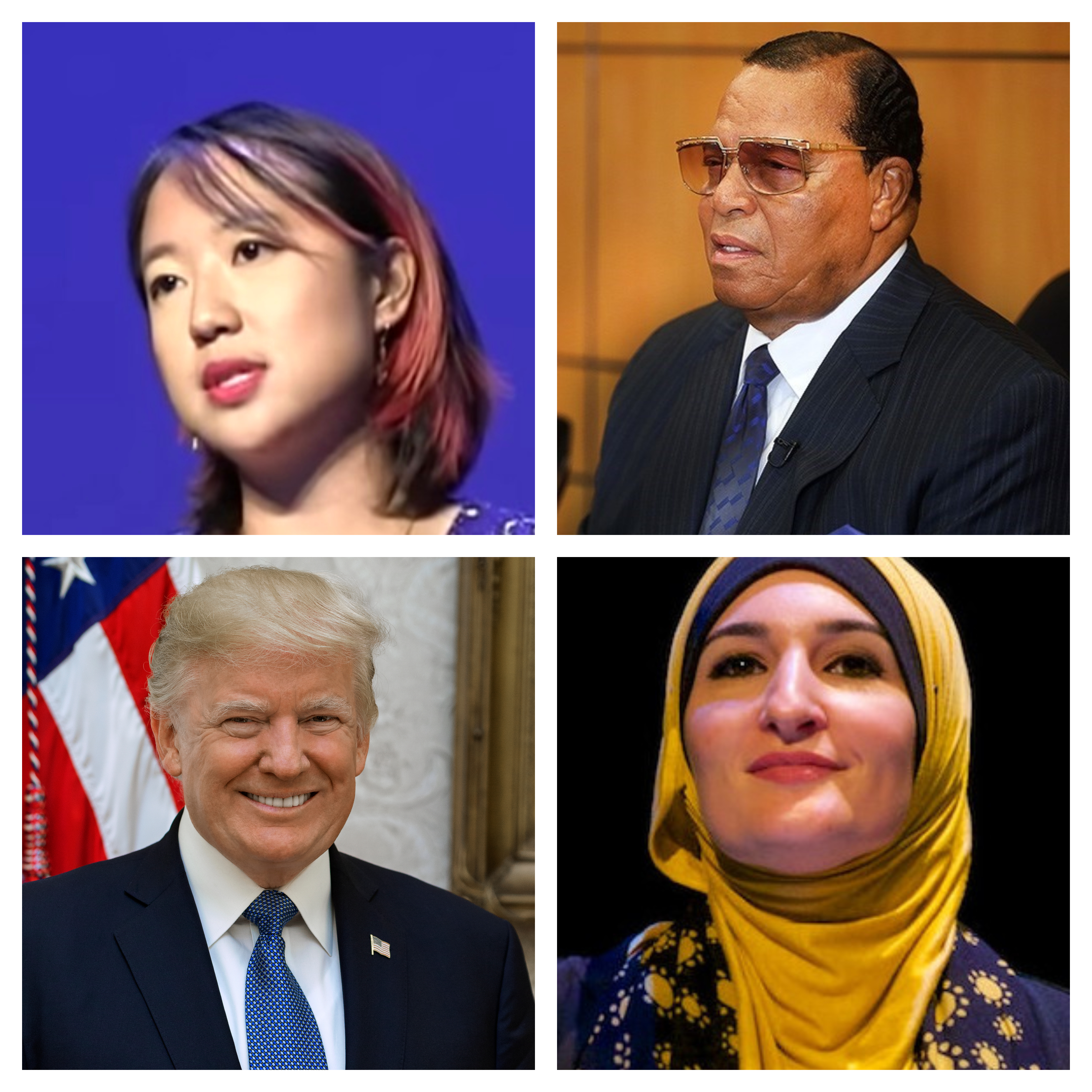 Sarah Jeong, Louis Farrakhan, Donald Trump, Linda Sarsour