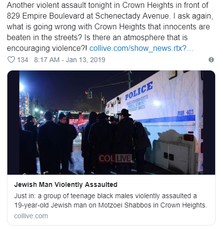 Screenshot of tweet regarding Jewish man assaulted in Crown Heights