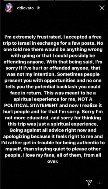 Demi Lovato's instagram post apologizing for accepting a free trip to Israel