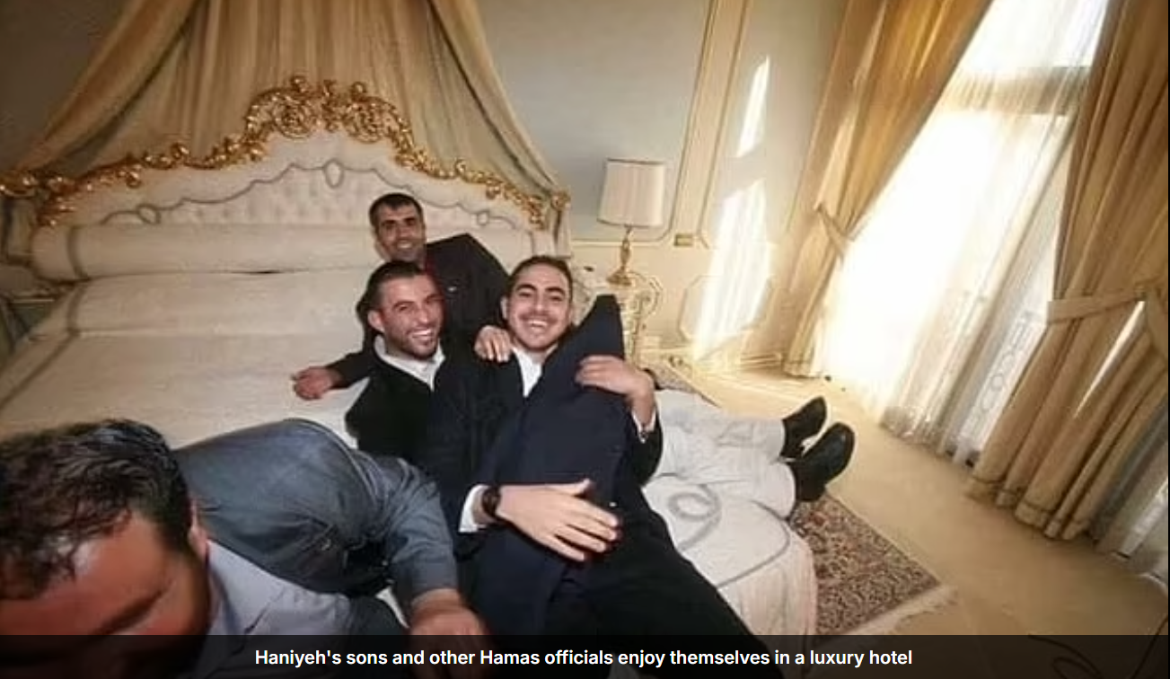 Haniyeh's son and other hamas officials in luxury hotel room