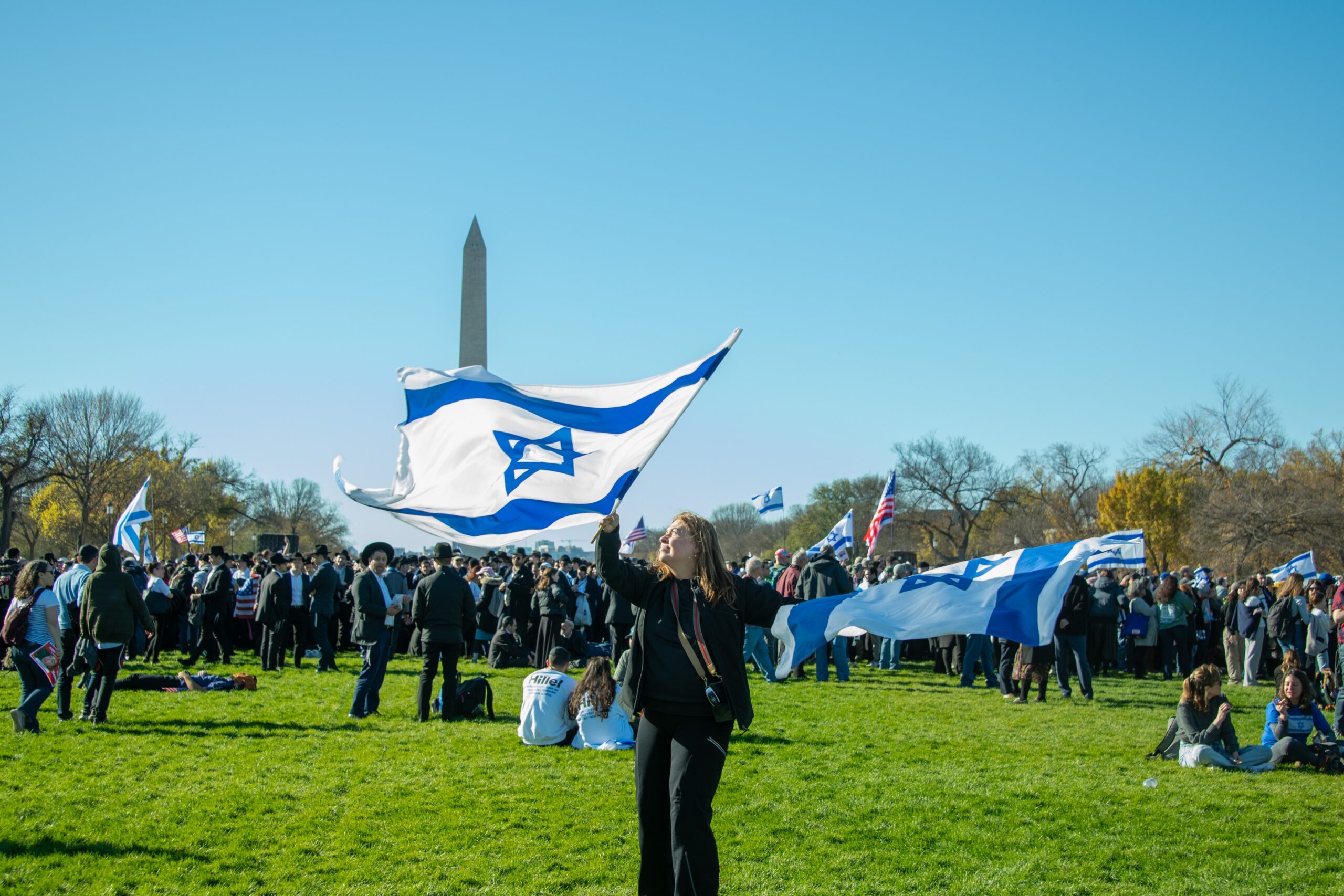 Lone woman waves Israeli flag in DC