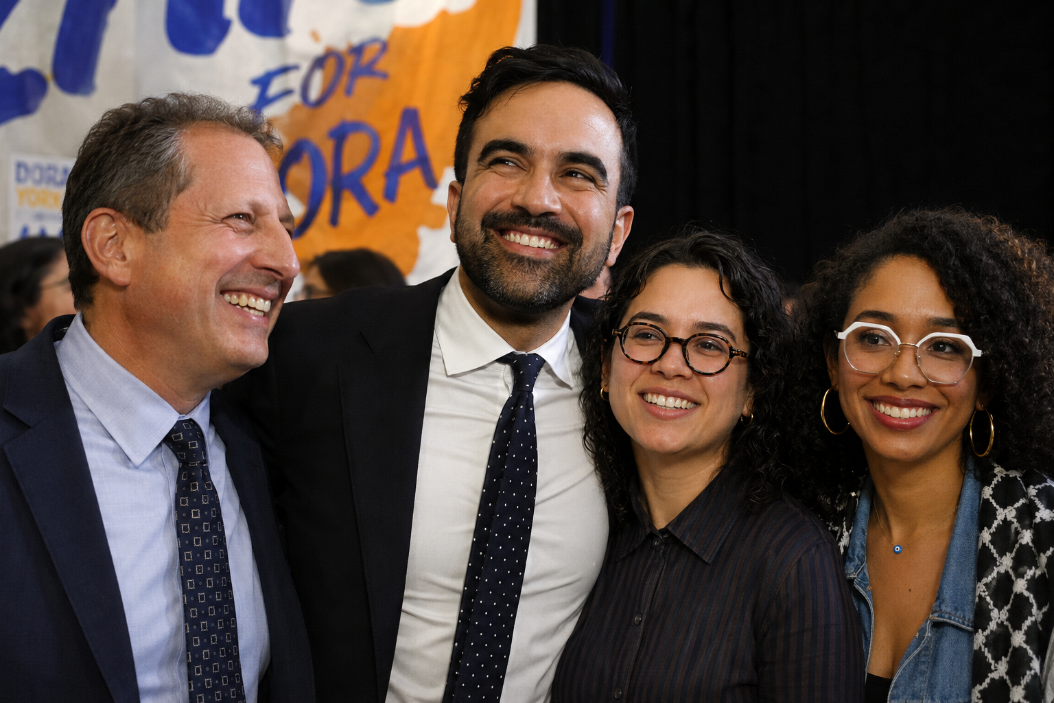 Mamdani with Brad Lander, Claire Valdez, Darializa Avila Chevalier